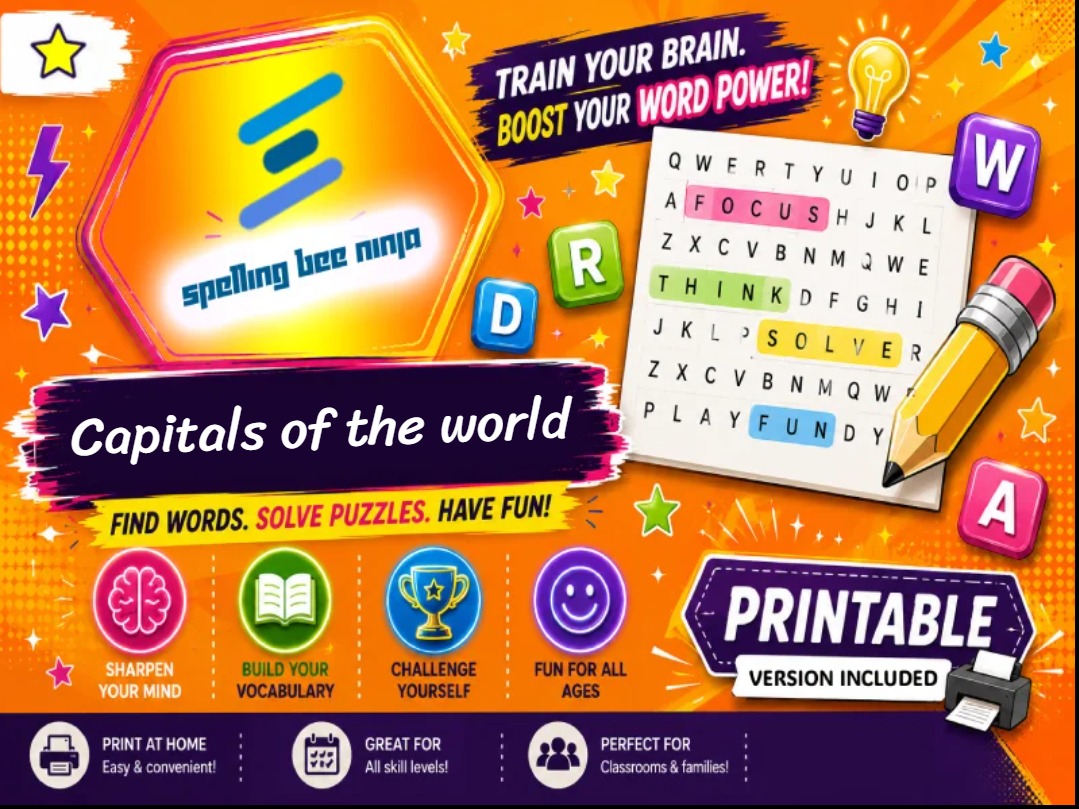 🎮 ✈️ Printable wordsearch game: capitals of the world